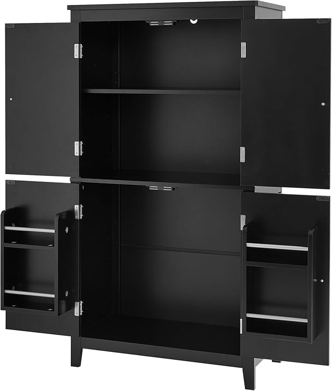 Freestanding Storage Cabinet with 4 Doors,Elegant Organizer Unit with Adjustable Shelves, Sturdy MDF Frame, Anti-Tipping Design, Large Capacity for Bathroom, Kitchen, Office, Home, Black