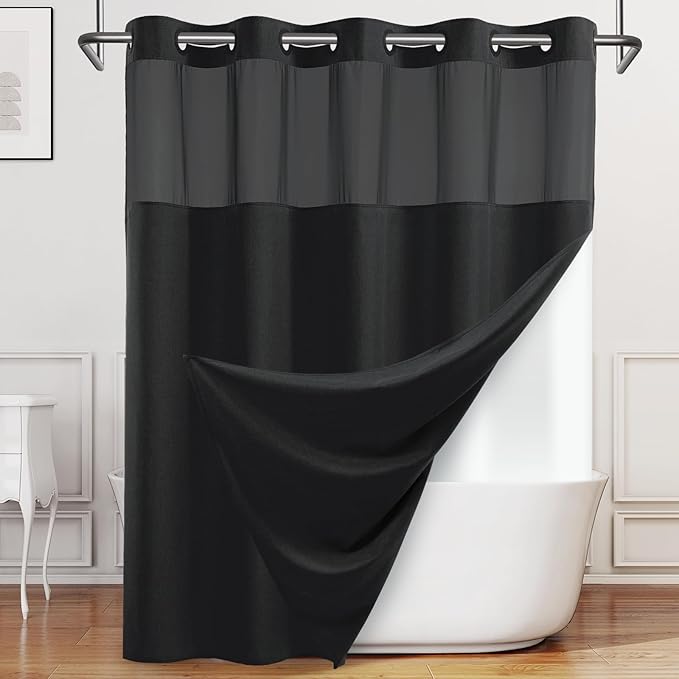 No Hook Shower Curtain with Snap in Liner, Polyester Textured Shower Curtain with Liner Set, Waterproof Washable Hotel Style Shower Curtains for Bathroom, 71Wx74H, Black