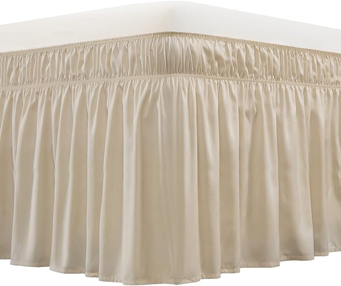 MEILA Wrap Around Bed Skirt Three Fabric Sides Elastic Dust Ruffled 16 Inch Tailored Drop,Easy to Install Fade Resistant-Beige, Twin/Full