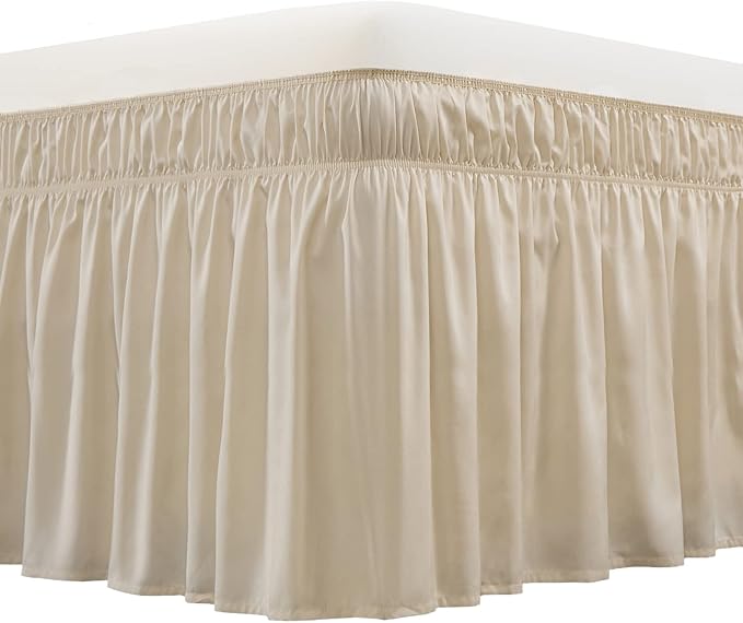 MEILA Wrap Around Bed Skirt Three Fabric Sides Elastic Dust Ruffled 18 Inch Tailored Drop,Easy to Install Fade Resistant-Beige, Twin/Full