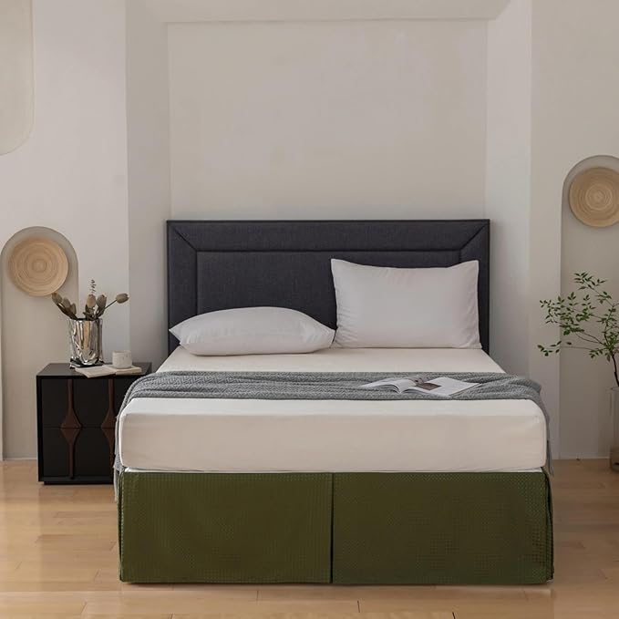 King Bed Skirt, Wrap Around Bed Skirt with Pleated Corner, 14 Inch Drop Pleated Waffle Weave Bedskirts, Anti-Slip, Microfiber, Green, 14'' King
