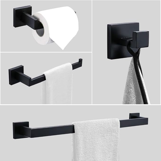 Ralbay Bath Towel Bar, Premium Stainless Steel 5 Pieces Bathroom Hardware Accessories Set Wall Mounted Towel Bar Set, Matte Black