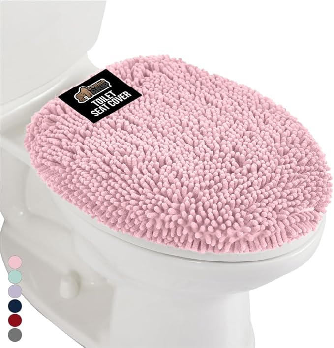 GORILLA GRIP Soft Chenille Bathroom Toilet Lid Cover, Machine Washable Seat Covers, 19.5x18.5, Stays in Place Rubber Backing, Fits Most Round, Elongated and Oblong Lids, Accessories Decor, Light Pink