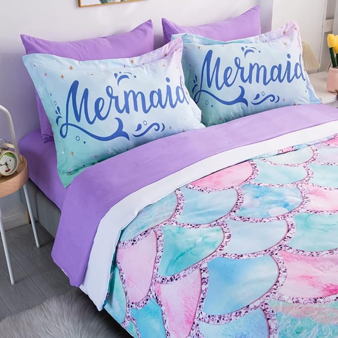 Wajade Kid Mermaid Scale Comforter Bedding Set Full Size, Colorful Rainbow 3D Fish Scale 7 Pieces Soft Bedding Sets with Comforter, Sheet, Pillowcase and Sham for Girls