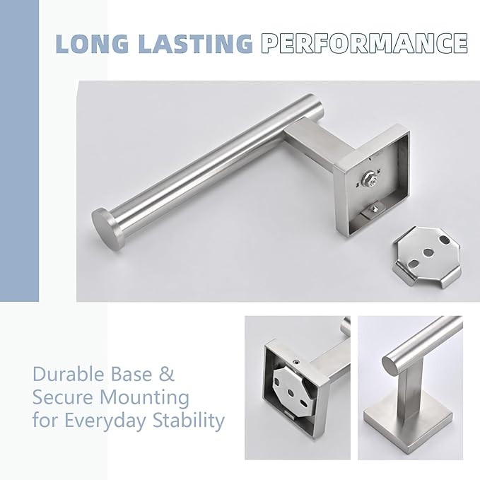 Brushed Nickel Bathroom Hardware Set, Toilet Paper Holder with 2 Square Towel Hooks, 3PCS SUS 304 Stainless Steel Set, Wall Mounted, Rust Resistant, Modern Fingerprint-Free Finish (Silvery)