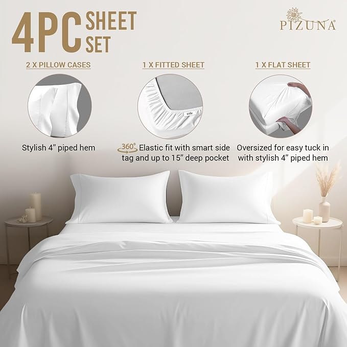 Pizuna Pure 100% Cotton California King Size Sheets, 800 Thread Count Long Staple Cotton Crisp Sateen Sheets with 15" Deep Pocket