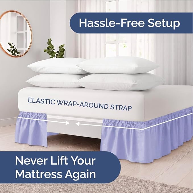 Wrap Around Dust Ruffle Bed Skirt - Lavender - for Queen Size Beds with 18 Inch Drop - Elastic Strap - Adjustable Pleated Bedskirt with Brushed Fabric and Wrinkle Free - for Women, Men, Kids & Teens