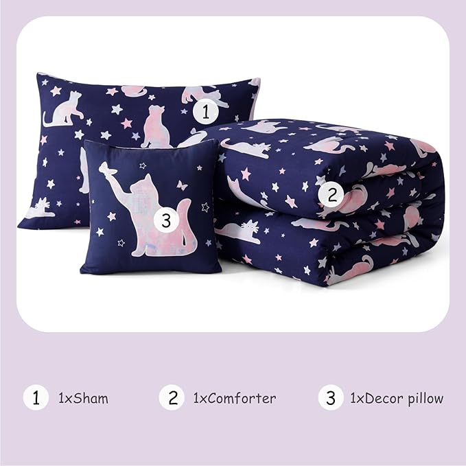 Twin Comforter Set for Girls -3 Pieces Cute Cat Twin XL Bedding Set with 1 Comforter, 1 Decor Pillow, 1 Pillow Sham