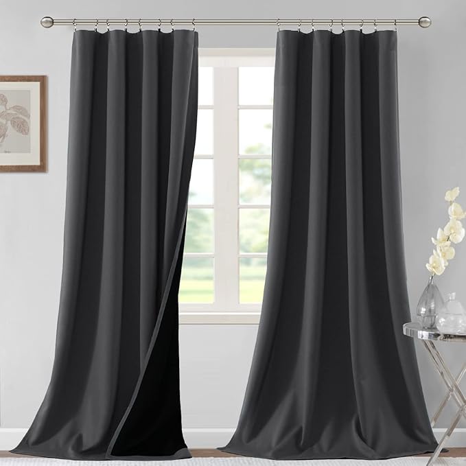 H.VERSAILTEX 100% Blackout Curtains for Bedroom Thermal Insulated Blackout Curtains 96 Inches Long Rod Pocket/Clip Rings Curtains for Living Room with Black Liner 2 Panels, Charcoal Gray