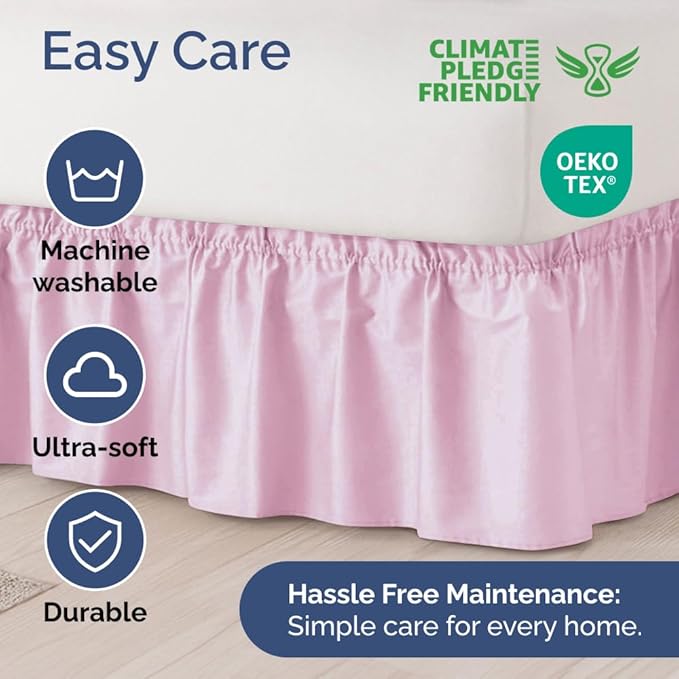 Wrap Around Dust Ruffle Bed Skirt - Light Pink - for Full Size Beds with 15 Inch Drop - Elastic Strap - Adjustable Pleated Bedskirt with Brushed Fabric and Wrinkle Free - for Women, Men, Kids & Teens