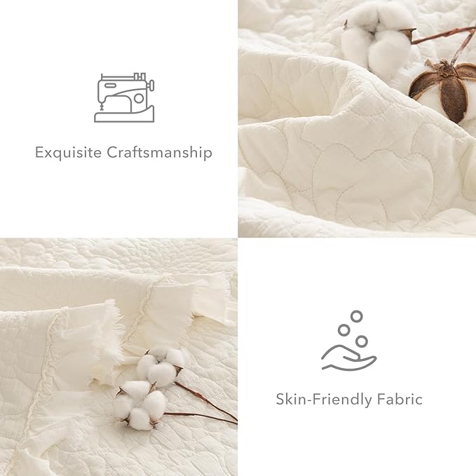 QSH 3PCs Stonewashed Cotton Quilt King (110"x98"),Milk White Ruffled Quilt King Size Bedding Set,Ultra Lightweight Soft Crinkle Bedspread Coverlet King Shabby Farmhouse Chic Bedspreads for All Seasons