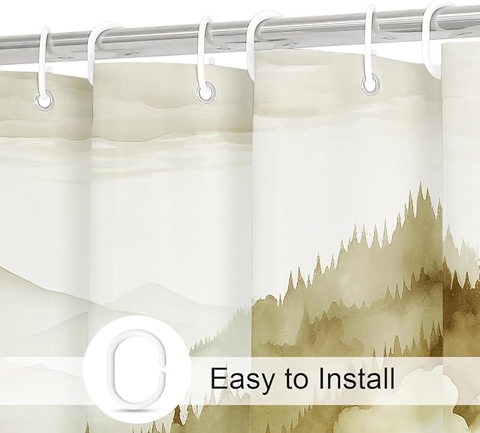 Yellow Misty Pine Forest Shower Curtain, Mountain Foggy Woodland Scenery Tree Shower Curtains for Chic Rustic Bathroom, Abstract Modern Waterproof Nature-Themed Decor, 72x72 Inches