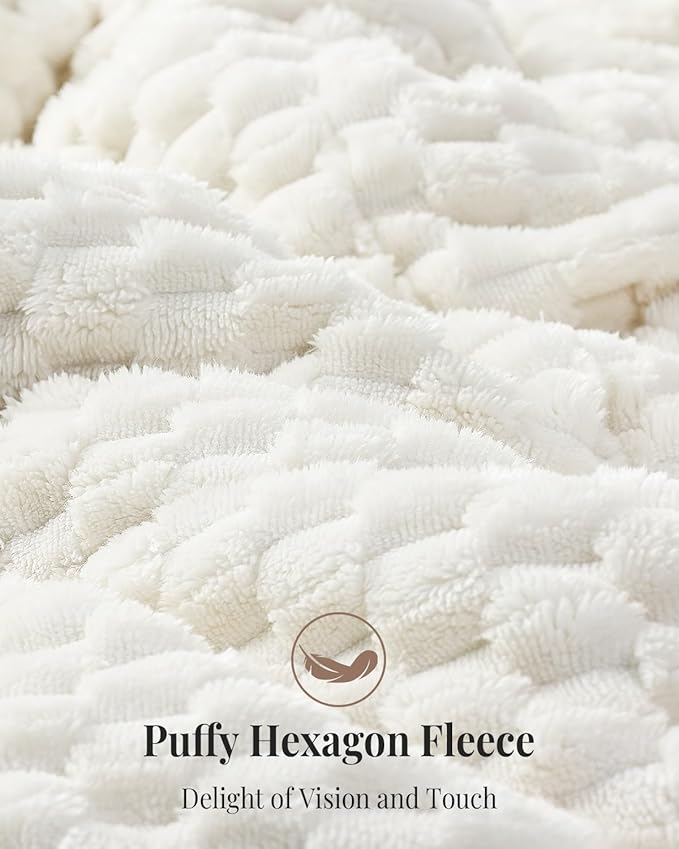 Topblan Weighted Blanket for Adults (60" x 80" 15lbs, Cream White), Soft Sherpa Queen Size Heavy Blanket, 3D Jacquard Flannel Fleece Weighted Blankets for Couch and Bed