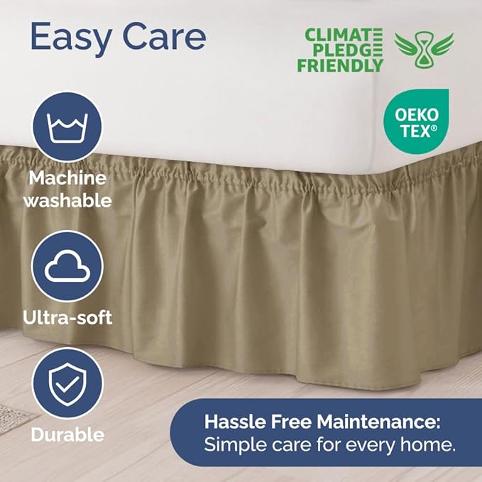 Wrap Around Dust Ruffle Bed Skirt - Khaki - for King Size Beds w/ 12 Inch Drop - Easy Fit Elastic Strap - Adjustable Pleated Bedskirt w/Brushed Fabric - Wrinkle Free - for Women, Men, Kids & Teens
