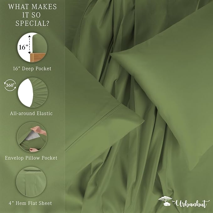 URBANHUT 700 Thread Count Egyptian Cotton Queen Sheets, 4Pc Bed Sheet Set Soft Luxury Bed Sheets for Queen Size Bedding, Sateen Weave Hotel Sheets, 16'' Elasticized Deep Pocket - Sage