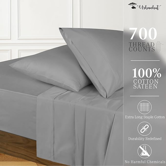 URBANHUT 700 Thread Count Egyptian Cotton Sheets Full Size, 4Pc Sheet Set Soft Luxury Bed Sheets for Full Size Bed, Sateen Weave Hotel Sheets, 16'' Elasticized Deep Pocket - Dark Grey