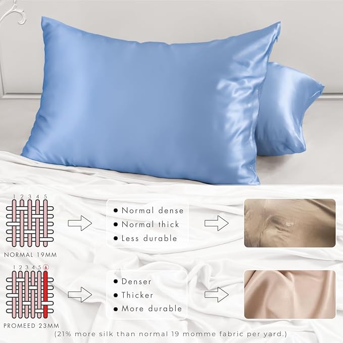 PROMEED 23 Momme Silk Pillowcase 2 Pack with Zipper, 3rd Gen Grade 6A+ 100% Mulberry Silk Pillow Case Set of 2, Cooling Pillow Cases for Hot Sleepers (King 20"x36", Light Blue)