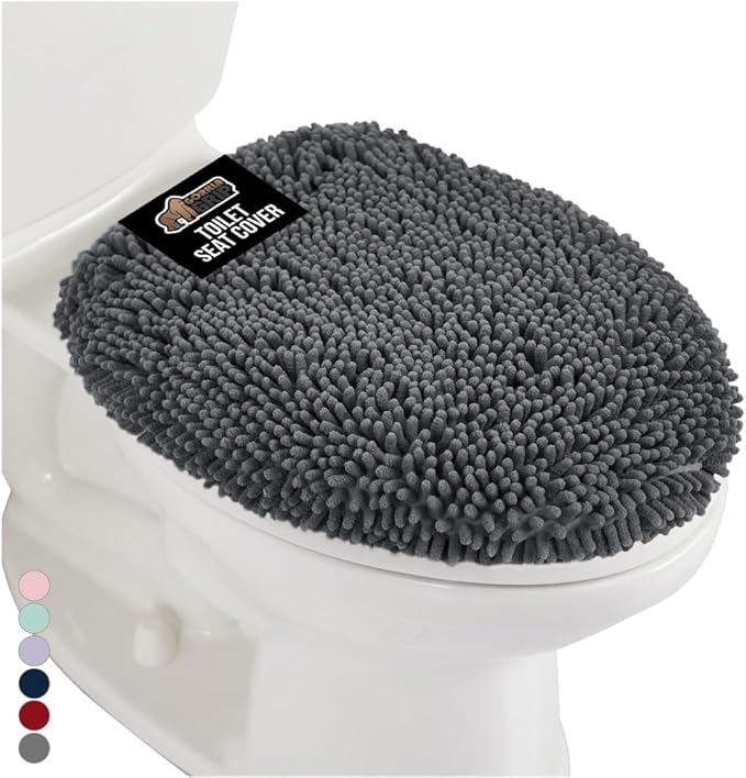 GORILLA GRIP Soft Chenille Bathroom Toilet Lid Cover, Machine Washable Seat Covers, 19.5x18.5, Stays in Place Rubber Backing, Fits Most Round, Elongated and Oblong Lids, Accessories Decor, Charcoal