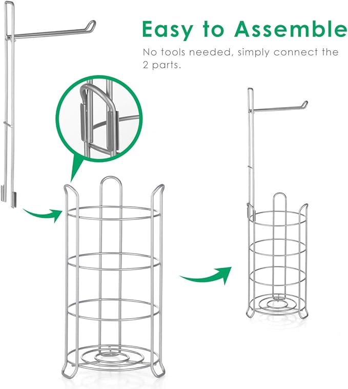 TomCare Toilet Paper Holder Toilet Paper Stand Free-Standing Toilet Tissue Paper Roll Bathroom Storage Shelf and Dispenser for 3 Spare Rolls Metal Wire Bathroom Accessories Storage Organizer