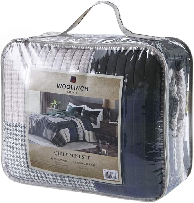 Woolrich Mill Creek Reversible Quilt Set - Cottage Styling Reversed to Solid Color, All Season Lightweight Coverlet, Cozy Bedding Layer, Matching Shams, Oversized King/Cal King, Plaid Green 3 Piece