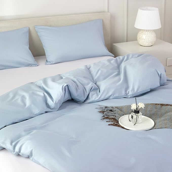 Duvet Cover Queen Size 100% Egyptian Cotton Duvet Cover Set,1600 Thread Count Feel Super Soft Comfortable Chic Lightweight 3 PCs Home Bedding Set (Light Blue, 90''x90''