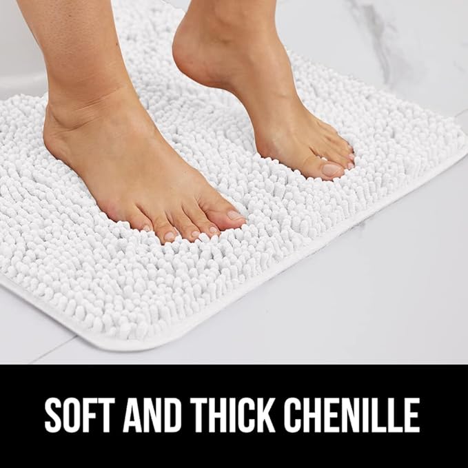 GORILLA GRIP Bath Rug Mat, Thick Soft Absorbent Chenille, Quick Dry Microfiber Mats, Rubber Backing Washable Shower Floor Rugs, Bathmat Runner, US Designed Bathroom Home Decor Accessories 24x17, White