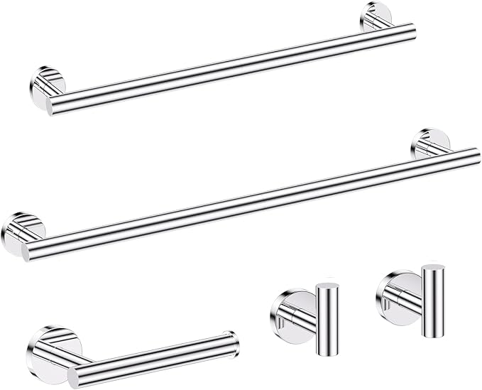 5 Pieces Bathroom Hardware Set, 23.6-inch+15.35-inch Bathroom Towel bar SUS304 Stainless Steel Bathroom Towel Bar Set Polished Chrome