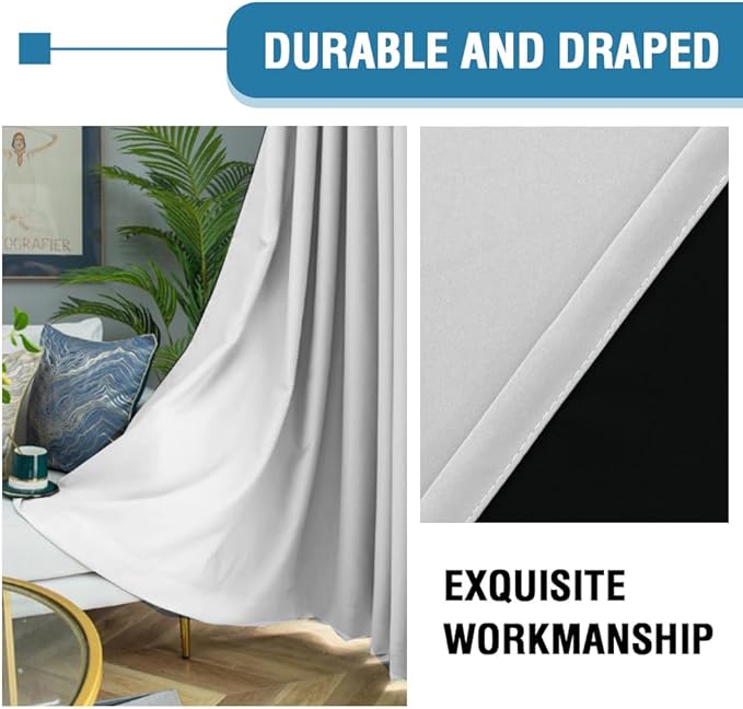 H.VERSAILTEX 100% Blackout Curtains for Bedroom Thermal Insulated Blackout Curtains 96 Inches Long Rod Pocket/Clip Rings Curtains for Living Room with Black Liner 2 Panels, Greyish White