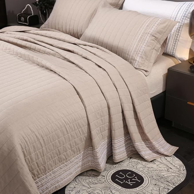 Quilt Set Floral Leaves 3D Embroidery Pattern 3 PCS Cotton Reversible Quilted Embroidered Decorative Bedspreads Coverlet Set, Lightweight &Soft Queen Size Beige Bedding Coverlet for All Season
