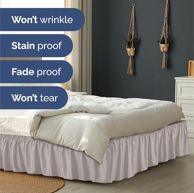 Wrap Around Dust Ruffle Bed Skirt - Light Grey - for Full Size Beds with 24 Inch Drop - Elastic Strap - Adjustable Pleated Bedskirt with Brushed Fabric and Wrinkle Free - for Women, Men, Kids & Teens