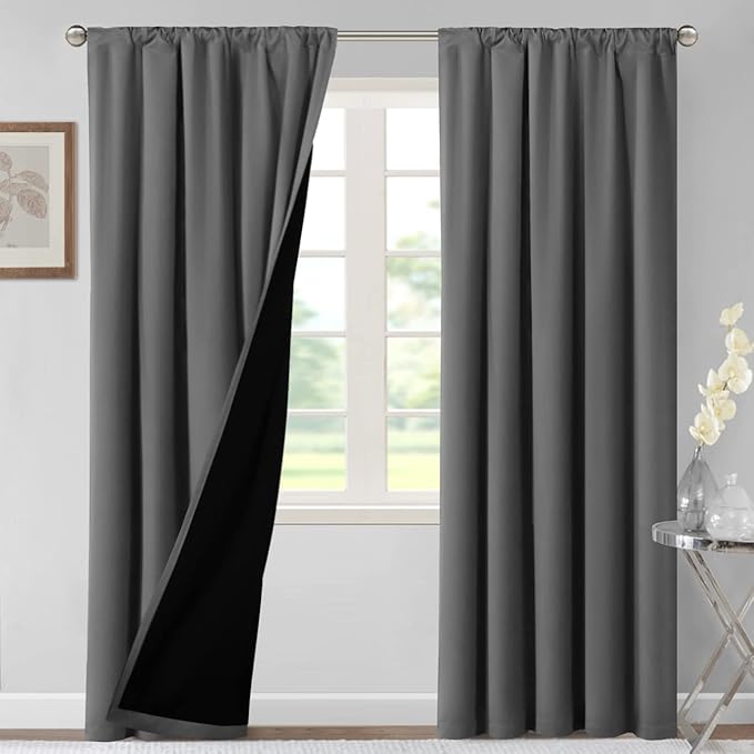 H.VERSAILTEX 100% Blackout Curtains for Bedroom Thermal Insulated Curtains & Drapes Blackout Curtains 96 Inches Long Rod Pocket Curtains for Living Room with Black Liner 2 Panels Set, Grey