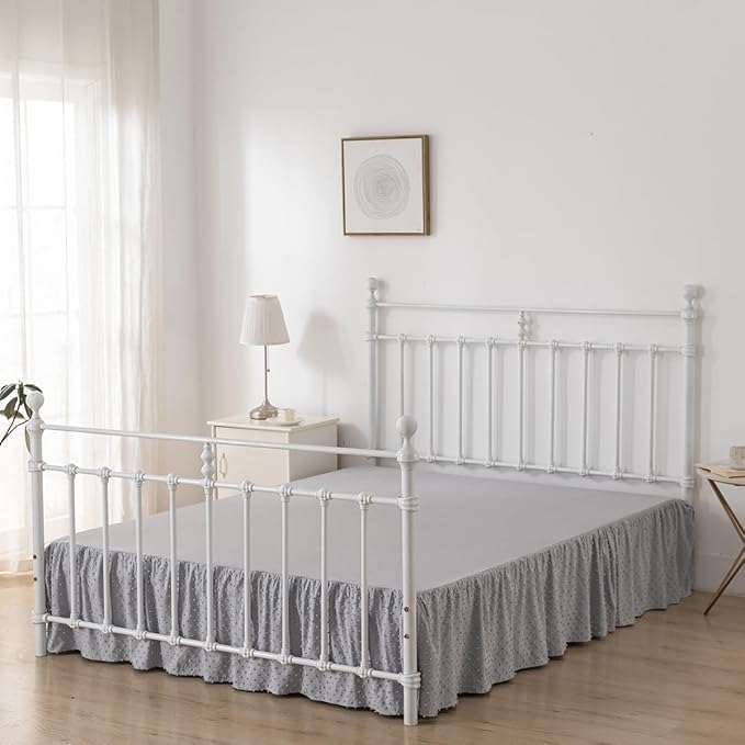 Tufted Dot Bed Skirt Queen Size Ruffled Bed Skirt with Split Corners, 14 Inch Drop Dust Ruffle Bed Skirts with Platform, Light Grey