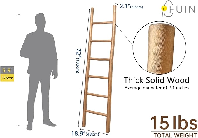 FUIN Fully Assembled 6ft Wood Blanket Ladder Living Room Decorative Wall Leaning Farmhouse Quilt Display Holder Rustic Wooden Towel Rack for Bathroom, Gold