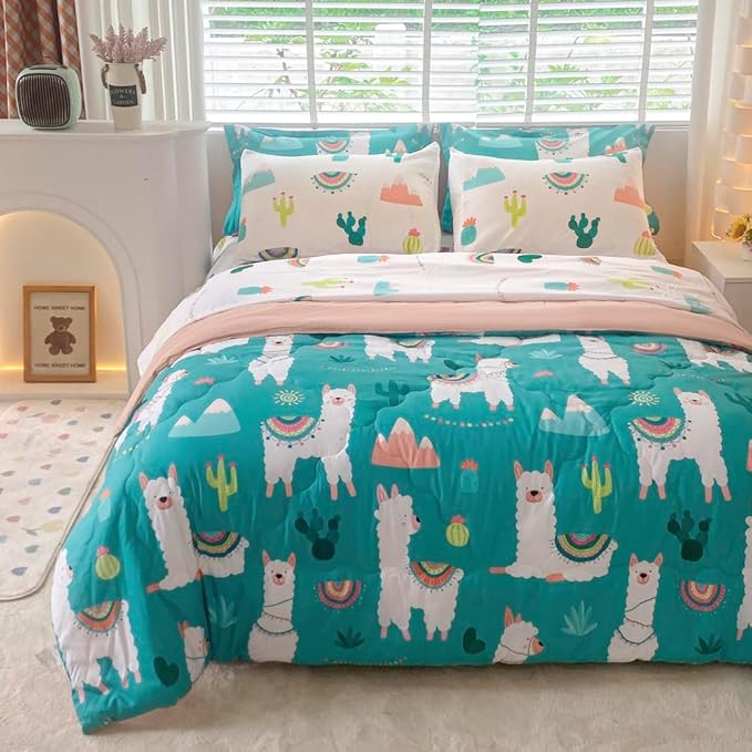 Wajade Kids Llama Comforter Set Bed in A Bag Twin Size 7 Piece Cute Alpaca Tropical Plant Cactus Bedding Set for Girls Boys (1 Comforter, 1 Flat Sheet, 1 Fitted Sheet, 2 Pillowcase and 2 Pillow Sham)
