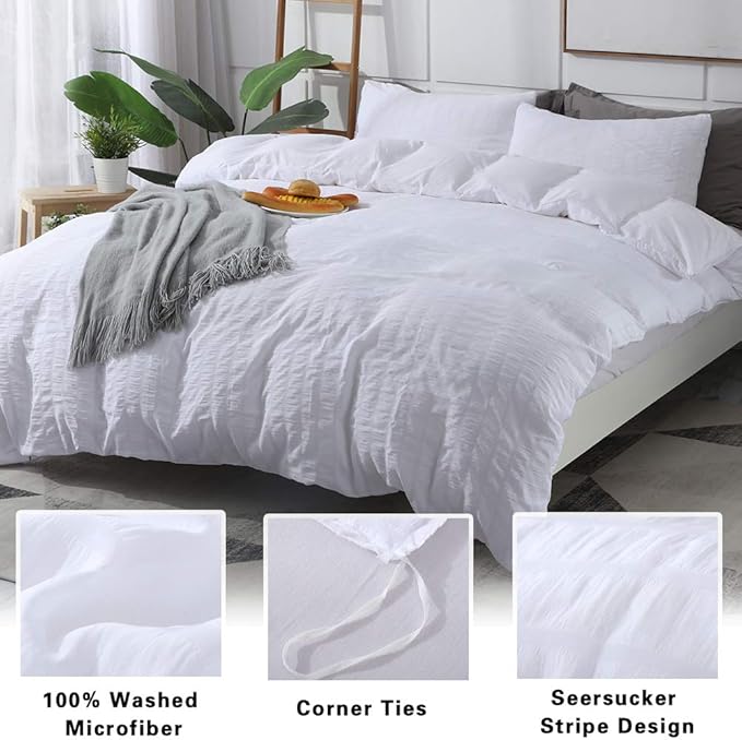 AveLom White Duvet Cover Set California King Size (104 x 98 inches), 3 Pieces (1 Duvet Cover + 2 Pillowcases), Seersucker Soft Washed Microfiber, Textured Duvet Cover with Zipper Closure, Corner Ties