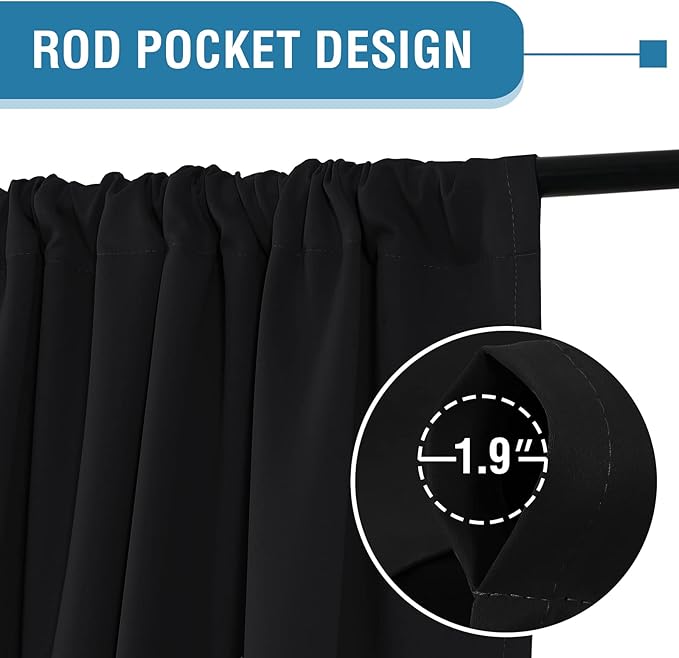 H.VERSAILTEX 100% Blackout Curtains for Bedroom Short Curtains Half Window Curtains for Kitchen, Privacy Energy Saving Curtain Tiers for Bathroom Shades, W 42 x L 36 inch, Set of 2, Jet Black