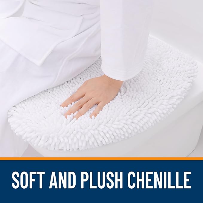 OLANLY Soft Chenille Bathroom Toilet Lid Cover, Machine Washable Seat Covers, 17.5x15, Stays in Place Rubber Backing, Fits Most Round, Elongated and Oblong Lids, Accessories Decor, White