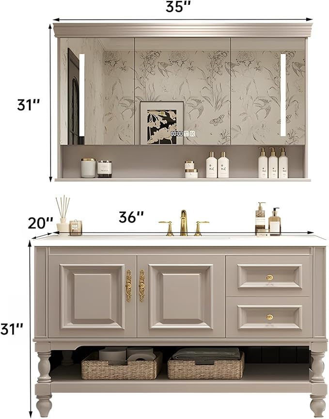 36" Bathroom Vanity with Sink,Freestanding Bathroom Vanity Large Storage Cabinet & Open Mirror Cabinet,2 Soft Closing Doors and 2 Drawers Solid Wood Luxury Bathroom Vanities Set,White