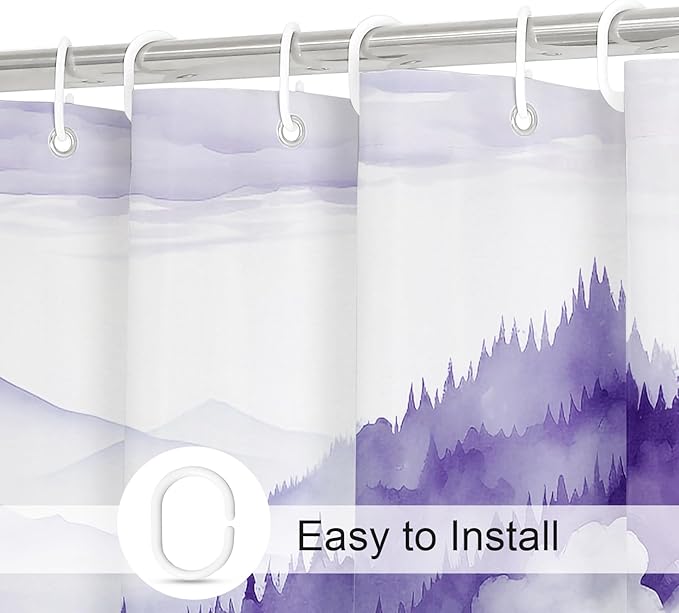 Purple Misty Pine Forest Shower Curtain, Mountain Foggy Woodland Scenery Tree Shower Curtains for Chic Rustic Bathroom, Abstract Modern Waterproof Nature-Themed Decor, 72x72 Inches