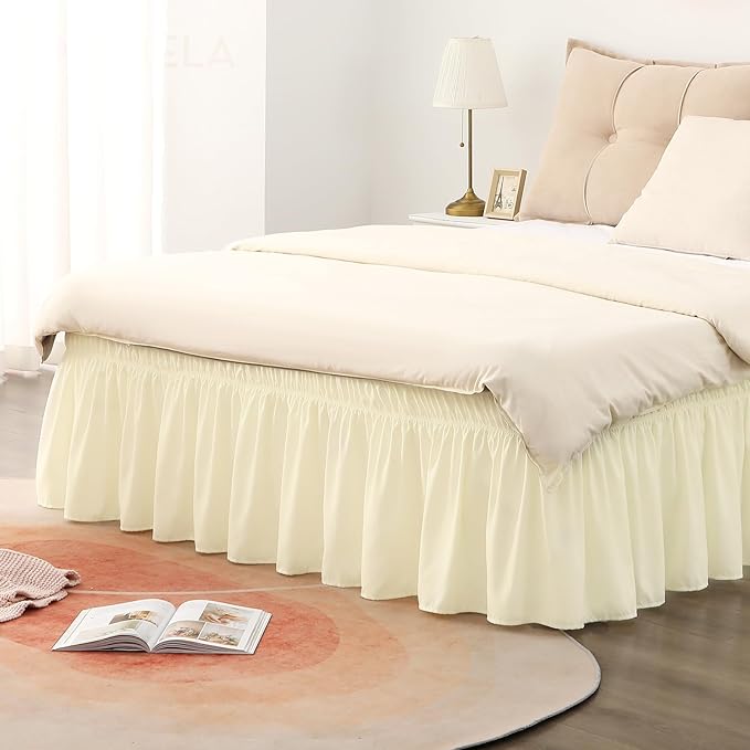 RIMELA Bed Skirt Queen Size 12 Inch Drop, Wrap Around Elastic Bedskirt Solid Microfiber Luxury Hotel Quality Fabric, Easy to Install Machine Washable Wrinkle & Fade Resistant, Cream Yellow