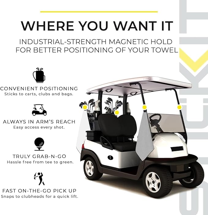 STICKIT Magnetic Golf Towel Gray and Black 2-Pack | Top-Tier Microfiber Golf Towel with Deep Waffle Pockets | Industrial Strength Magnet for Strong Hold to Golf Carts or Clubs