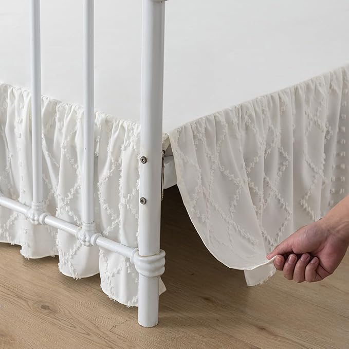 Bed Skirt Twin Size Ruffled Bed Skirt with Split Corners, 16 Inch Drop Dust Ruffle Bed Skirts with Platform, Boho Tufted Shabby Chic Twin Size Bed Skirts, Ivory