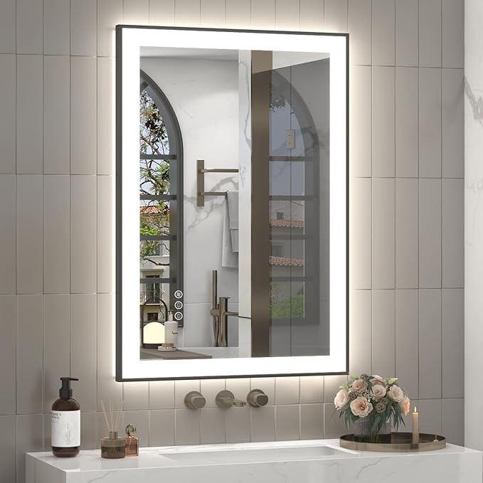 SMIROR 28x 36 Inch Lighted Mirrors with Black Frame for Bathroom Wall, Smart Led Vanity Mirrors, Front and Backlit, Dimmable, Anti-Fog, Memory, Shatterproof, ETL Listed (Horizontal/Vertical)