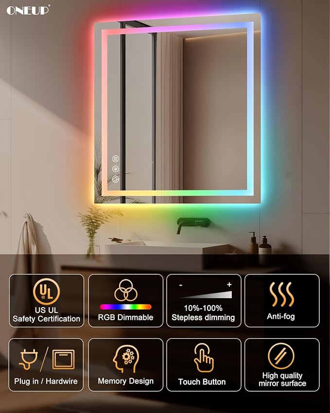 oneup 28x36'' RGB Bathroom Mirror with Lights,RGB Color Changing LED Bathroom Mirror for Wall,Lighted Vanity Mirrors,Dimmable,Anti-Fog,IP54 Waterproof
