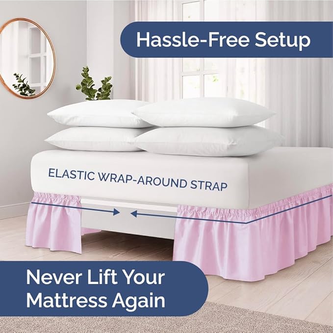 Wrap Around Dust Ruffle Bed Skirt - Light Pink - for King Size Beds with 24 Inch Drop - Elastic Strap - Adjustable Pleated Bedskirt with Brushed Fabric and Wrinkle Free - for Women, Men, Kids & Teens