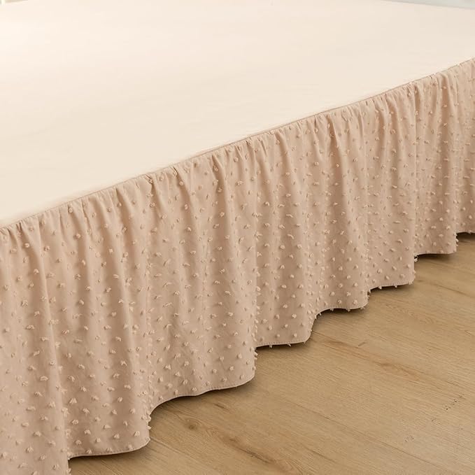 Tufted Dot Bed Skirt Queen Size Ruffled Bed Skirt with Split Corners, 14 Inch Drop Dust Ruffle Bed Skirts with Platform, Cream