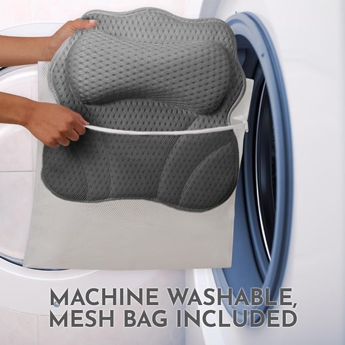 WONDERfoam Thick Padded Ergonomic Bath Pillow for Tub, Bathtub Headrest Neck and Back Support, Strong Suction Cups, Machine Washable Breathable Mesh Quick Dry Pillows, Luxury Spa Accessories, Gray
