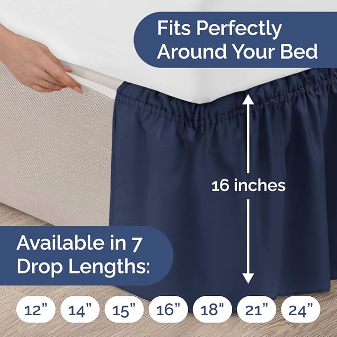 Wrap Around Dust Ruffle Bed Skirt - Navy Blue - for Twin Size Beds w/ 16 Inch Drop - Easy Fit Elastic Strap - Adjustable Pleated Bedskirt with Brushed Fabric, Wrinkle Free Women, Men, Kids and Teens