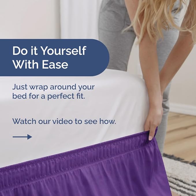 Wrap Around Dust Ruffle Bed Skirt - Purple - for Full Size Beds with 12 Inch Drop - Easy Fit Elastic Strap - Adjustable Pleated Bedskirt w/Brushed Fabric - Wrinkle Free - for Women, Men, Kids & Teens
