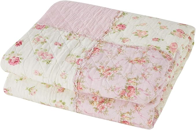 Cozyholy Original 100% Cotton Patchwork Quilt Twin Size Pink Floral Bedspread Coverlet Reversible Vintage Shabby Chic Quilted Throw Blanket Bed Quilt Cover for Couch Sofa